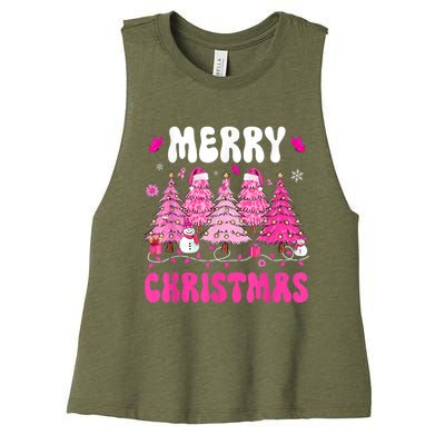 Merry Christmas Trees Pink Leopard Buffalo Plaid Women's Racerback Cropped Tank