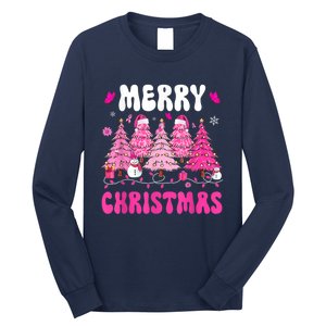 Merry Christmas Trees Pink Leopard Buffalo Plaid Long Sleeve Shirt