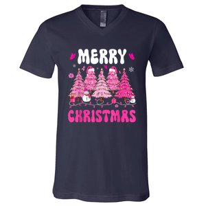 Merry Christmas Trees Pink Leopard Buffalo Plaid V-Neck T-Shirt