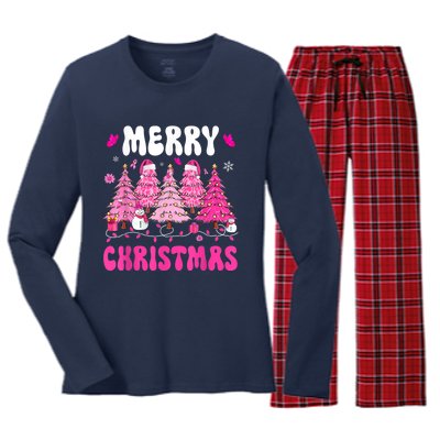 Merry Christmas Trees Pink Leopard Buffalo Plaid Women's Long Sleeve Flannel Pajama Set 