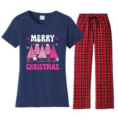 Merry Christmas Trees Pink Leopard Buffalo Plaid Women's Flannel Pajama Set