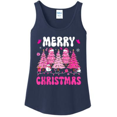 Merry Christmas Trees Pink Leopard Buffalo Plaid Ladies Essential Tank