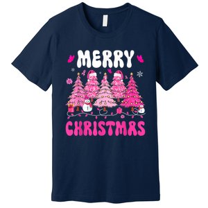 Merry Christmas Trees Pink Leopard Buffalo Plaid Premium T-Shirt