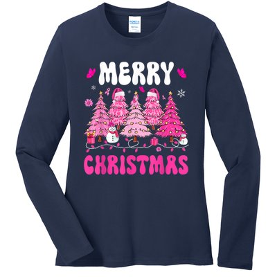 Merry Christmas Trees Pink Leopard Buffalo Plaid Ladies Long Sleeve Shirt