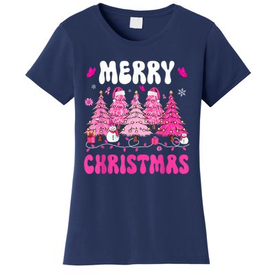 Merry Christmas Trees Pink Leopard Buffalo Plaid Women's T-Shirt