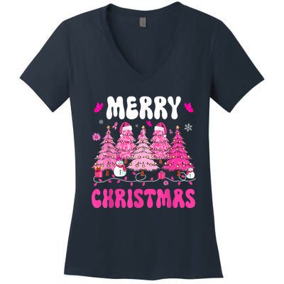 Merry Christmas Trees Pink Leopard Buffalo Plaid Women's V-Neck T-Shirt