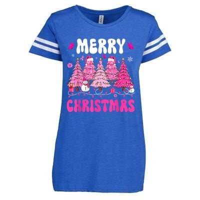 Merry Christmas Trees Pink Leopard Buffalo Plaid Enza Ladies Jersey Football T-Shirt