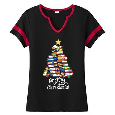 Merry Christmas Tree Love Reading Books Librarian Nerd Ladies Halftime Notch Neck Tee