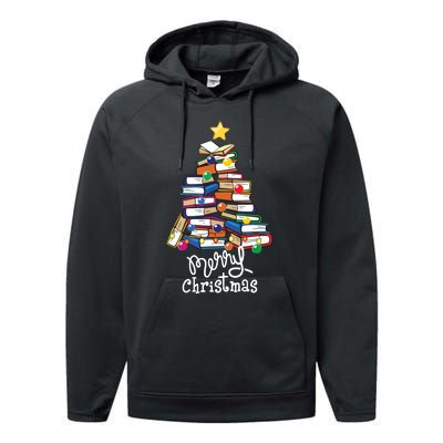 Merry Christmas Tree Love Reading Books Librarian Nerd Performance Fleece Hoodie