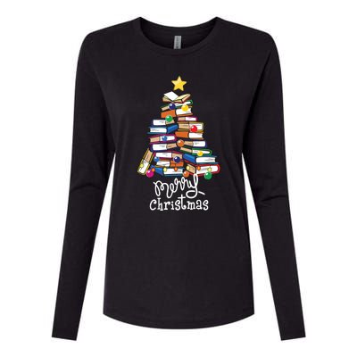 Merry Christmas Tree Love Reading Books Librarian Nerd Womens Cotton Relaxed Long Sleeve T-Shirt