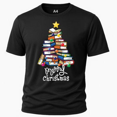 Merry Christmas Tree Love Reading Books Librarian Nerd Cooling Performance Crew T-Shirt