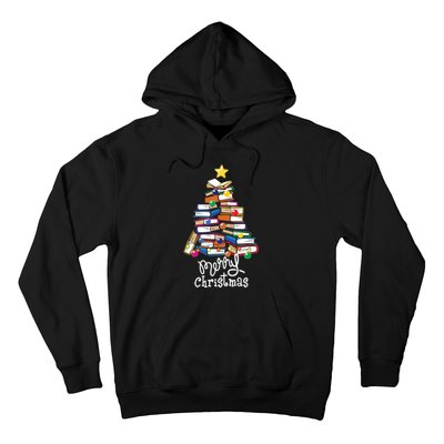 Merry Christmas Tree Love Reading Books Librarian Nerd Hoodie