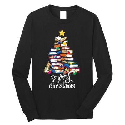 Merry Christmas Tree Love Reading Books Librarian Nerd Long Sleeve Shirt