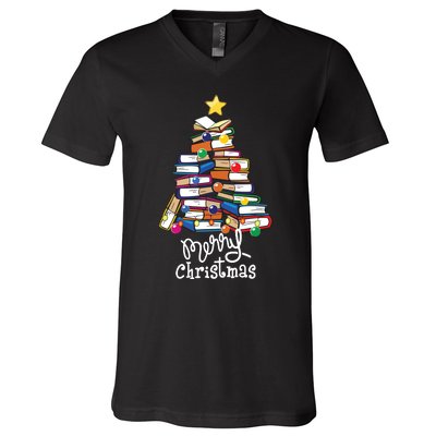 Merry Christmas Tree Love Reading Books Librarian Nerd V-Neck T-Shirt