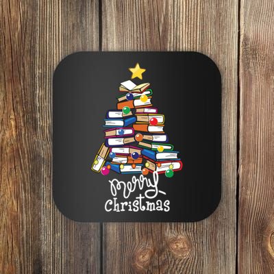 Merry Christmas Tree Love Reading Books Librarian Nerd Coaster