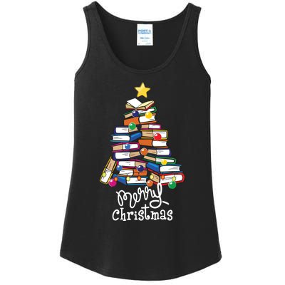 Merry Christmas Tree Love Reading Books Librarian Nerd Ladies Essential Tank