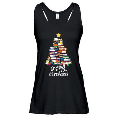 Merry Christmas Tree Love Reading Books Librarian Nerd Ladies Essential Flowy Tank