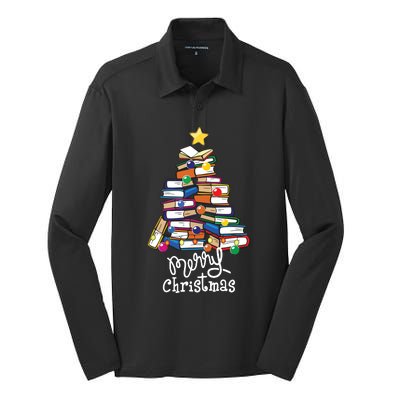 Merry Christmas Tree Love Reading Books Librarian Nerd Silk Touch Performance Long Sleeve Polo