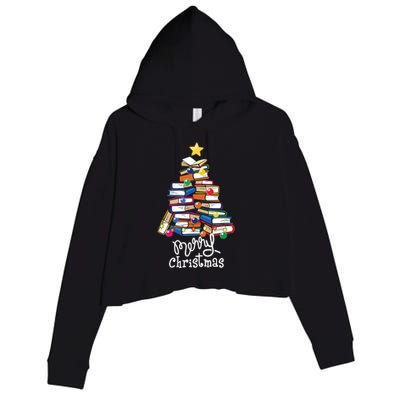 Merry Christmas Tree Love Reading Books Librarian Nerd Crop Fleece Hoodie