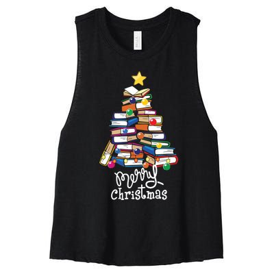 Merry Christmas Tree Love Reading Books Librarian Nerd Women's Racerback Cropped Tank