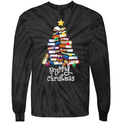 Merry Christmas Tree Love Reading Books Librarian Nerd Tie-Dye Long Sleeve Shirt