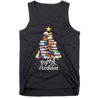 Merry Christmas Tree Love Reading Books Librarian Nerd Tank Top