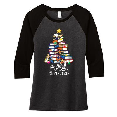 Merry Christmas Tree Love Reading Books Librarian Nerd Women's Tri-Blend 3/4-Sleeve Raglan Shirt