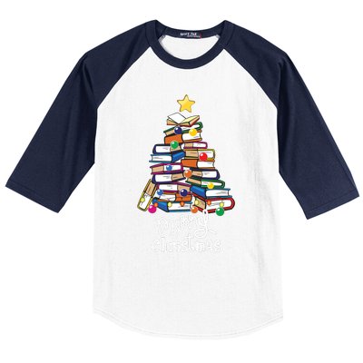 Merry Christmas Tree Love Reading Books Librarian Nerd Baseball Sleeve Shirt