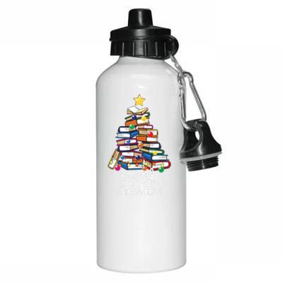 Merry Christmas Tree Love Reading Books Librarian Nerd Aluminum Water Bottle