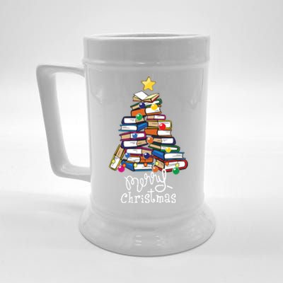 Merry Christmas Tree Love Reading Books Librarian Nerd Beer Stein