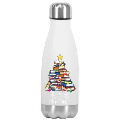 Merry Christmas Tree Love Reading Books Librarian Nerd Stainless Steel Insulated Water Bottle