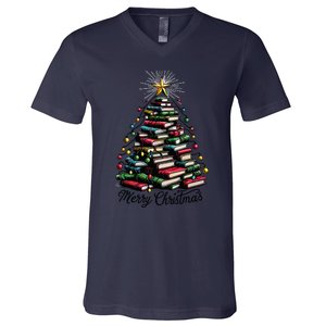 Merry Christmas Tree Love Reading Books Librarian Women V-Neck T-Shirt