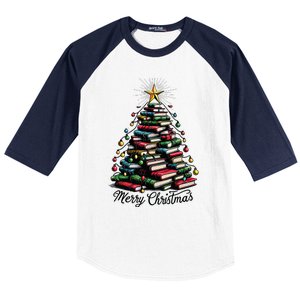 Merry Christmas Tree Love Reading Books Librarian Women Baseball Sleeve Shirt