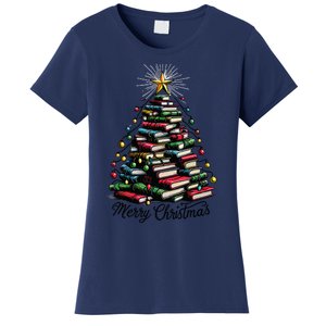 Merry Christmas Tree Love Reading Books Librarian Women Women's T-Shirt