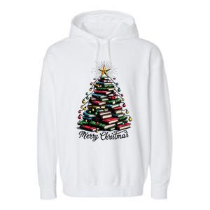 Merry Christmas Tree Love Reading Books Librarian Women Garment-Dyed Fleece Hoodie