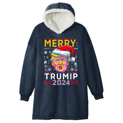 Merry Christmas Trump 2024 Mugshot Ugly Funny Pro Trump Hooded Wearable Blanket