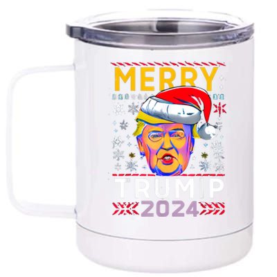 Merry Christmas Trump 2024 Mugshot Ugly Funny Pro Trump 12 oz Stainless Steel Tumbler Cup