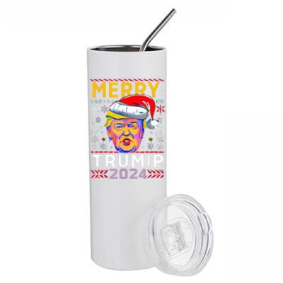 Merry Christmas Trump 2024 Mugshot Ugly Funny Pro Trump Stainless Steel Tumbler