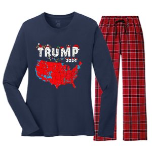 Merry Christmas Trump 2024 Patriotic Usa Map Santa Hat Xmas Women's Long Sleeve Flannel Pajama Set 