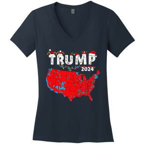 Merry Christmas Trump 2024 Patriotic Usa Map Santa Hat Xmas Women's V-Neck T-Shirt