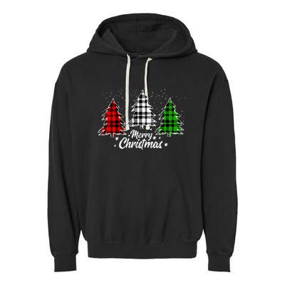 Merry Christmas Tree Xmas Buffalo Plaid Red White Green Garment-Dyed Fleece Hoodie