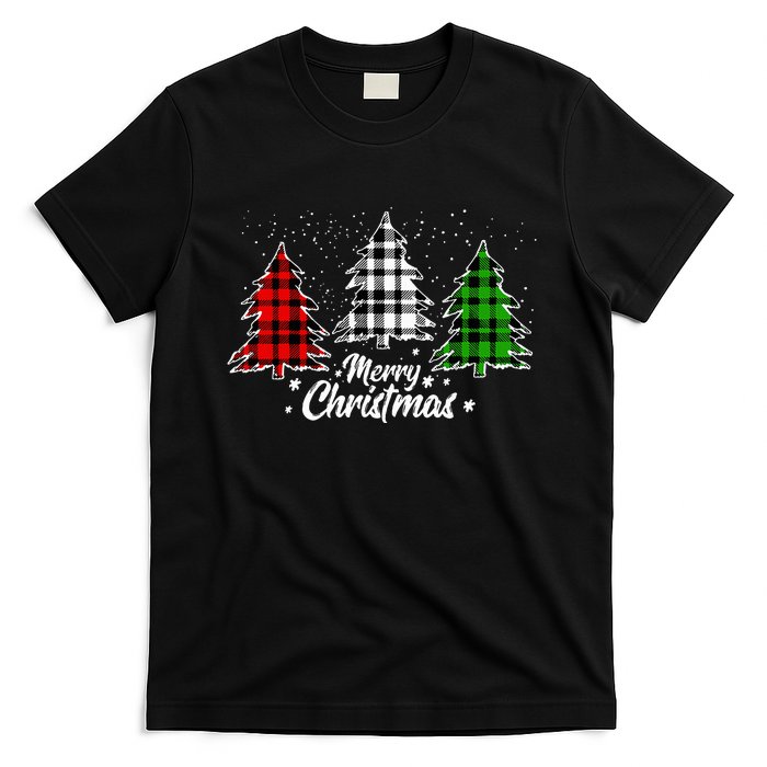 Merry Christmas Tree Xmas Buffalo Plaid Red White Green T-Shirt