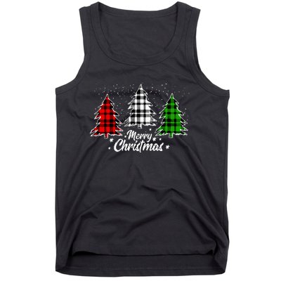 Merry Christmas Tree Xmas Buffalo Plaid Red White Green Tank Top