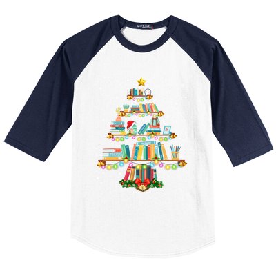 Merry Christmas Tree Gift Love Reading Books Librarian Nerd Funny Gift Baseball Sleeve Shirt