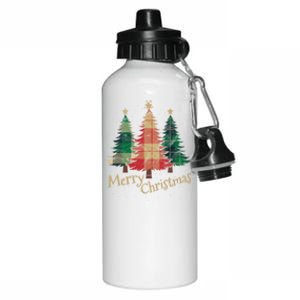 Merry Christmas Trees With Red Green Plaid Gift Family Xmas Funny Gift Aluminum Water Bottle