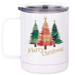 Merry Christmas Trees With Red Green Plaid Gift Family Xmas Funny Gift 12 oz Stainless Steel Tumbler Cup