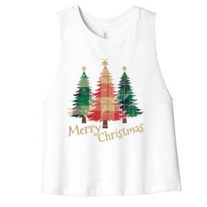 Merry Christmas Trees With Red Green Plaid Gift Family Xmas Funny Gift Women's Racerback Cropped Tank