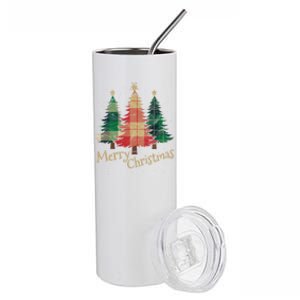 Merry Christmas Trees With Red Green Plaid Gift Family Xmas Funny Gift Stainless Steel Tumbler