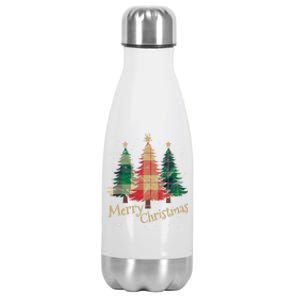 Merry Christmas Trees With Red Green Plaid Gift Family Xmas Funny Gift Stainless Steel Insulated Water Bottle