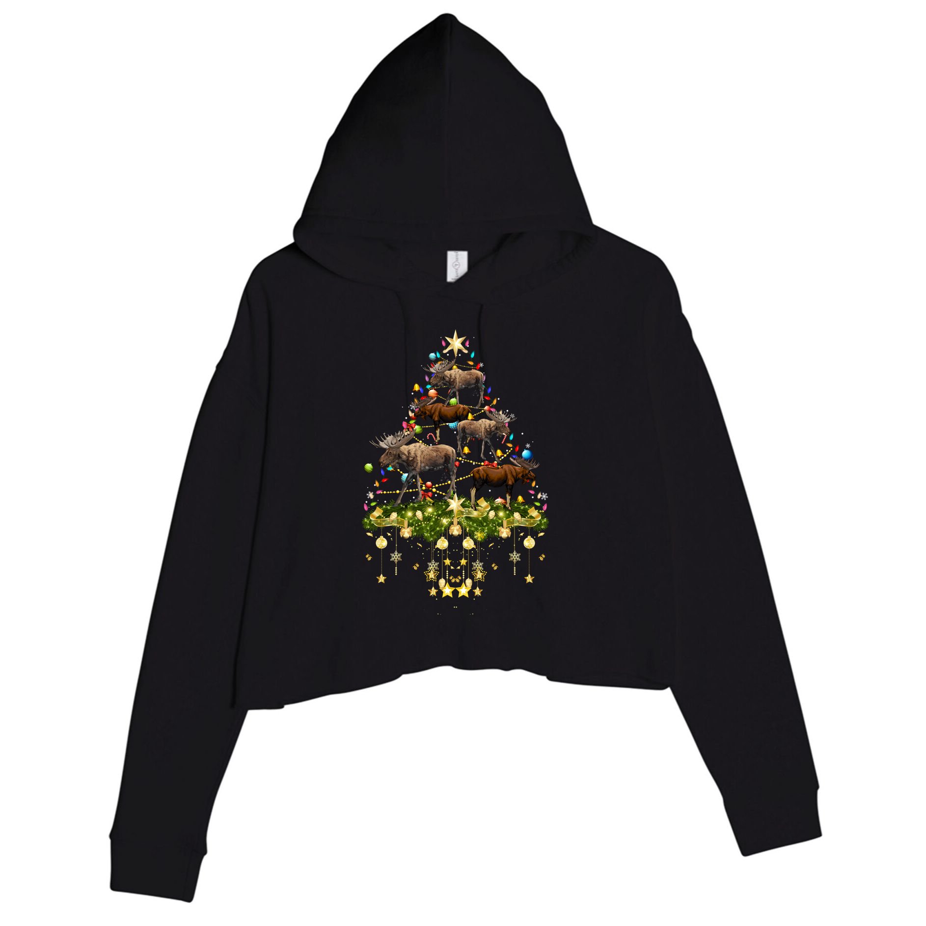 Mooses Christmas Tree Lights Holiday Moose Lover Cute Gift Crop Fleece Hoodie